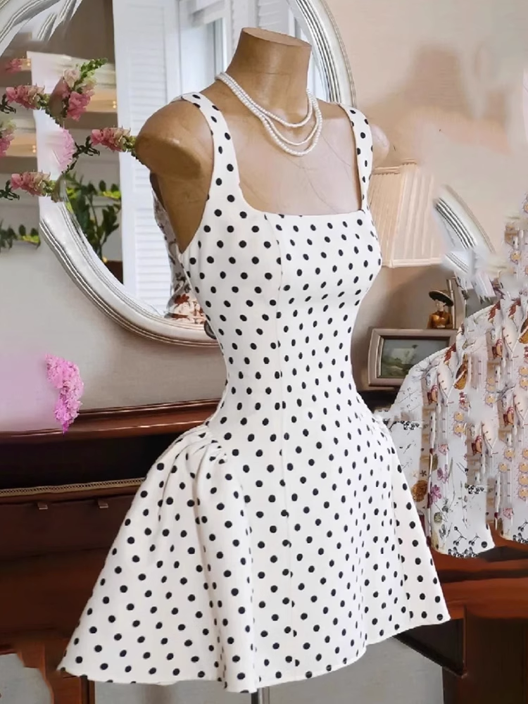 Cute A line Square Neck White Polka Dots Satin Mini Short Formal 8th Grade Homecoming Dresses Summer Middle School Hoco Dress Homecoming Outfits 25 Birthday Dress DH620