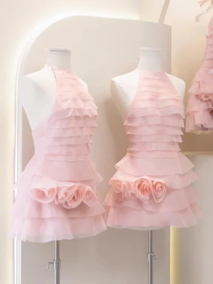 Cute A line High Neck Pink Tulle Mini Short Formal 8th Grade Homecoming Dresses Summer Middle School Hoco Dress Homecoming Outfits 25 Birthday Dress DH621