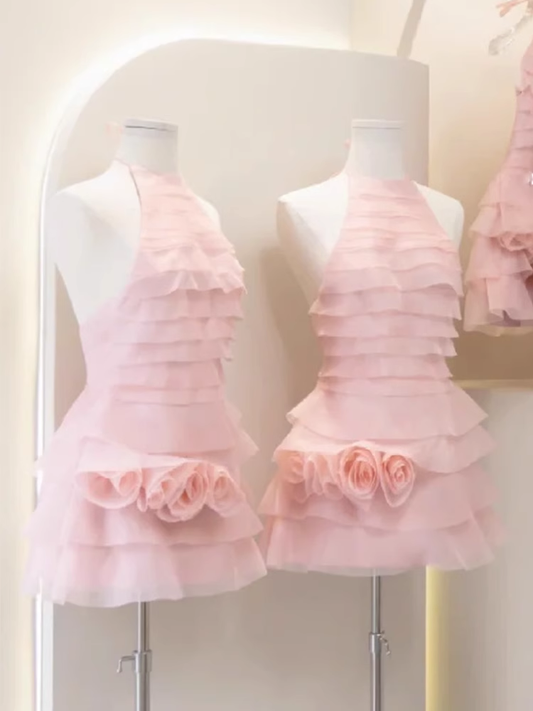 Cute A line High Neck Pink Tulle Mini Short Formal 8th Grade Homecoming Dresses Summer Middle School Hoco Dress Homecoming Outfits 25 Birthday Dress DH621