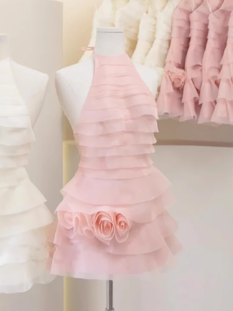 Cute A line High Neck Pink Tulle Mini Short Formal 8th Grade Homecoming Dresses Summer Middle School Hoco Dress Homecoming Outfits 25 Birthday Dress DH621