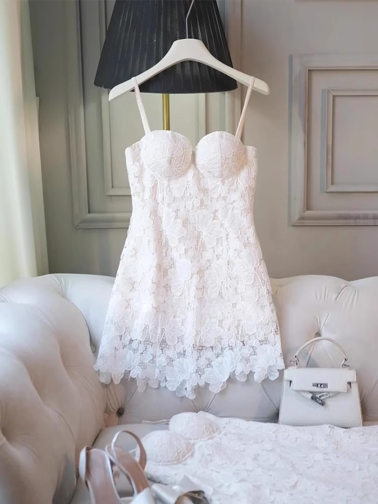 Cute A line Spaghetti Straps White Lace Mini Short Formal 8th Grade Homecoming Dresses Summer Middle School Hoco Dress Homecoming Outfits 25 Birthday Dress DH624