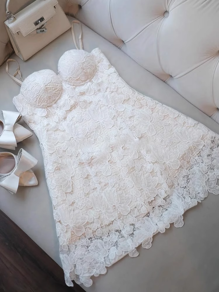 Cute A line Spaghetti Straps White Lace Mini Short Formal 8th Grade Homecoming Dresses Summer Middle School Hoco Dress Homecoming Outfits 25 Birthday Dress DH624