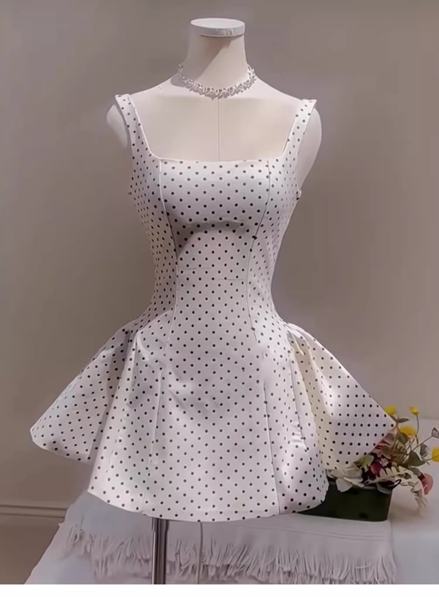 Cute A line Square Neck White Polka Dots Satin Mini Short Formal 8th Grade Homecoming Dresses Summer Middle School Hoco Dress Homecoming Outfits Birthday Dress DH631
