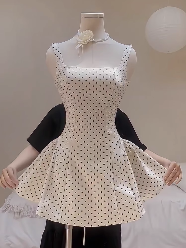 Cute A line Square Neck White Polka Dots Satin Mini Short Formal 8th Grade Homecoming Dresses Summer Middle School Hoco Dress Homecoming Outfits Birthday Dress DH631