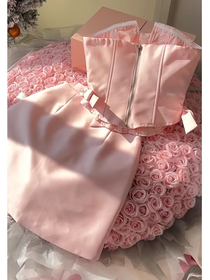 Cute A line 2 Pieces Pink Satin Mini Short Formal 8th Grade Homecoming Dresses Summer Middle School Hoco Dress Homecoming Outfits 25 Birthday Dress DH633