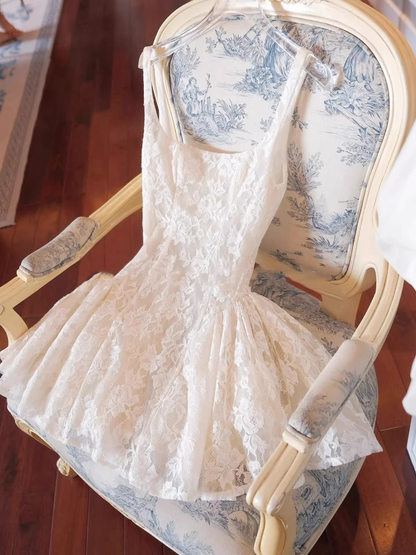 Cute A line Square Neck White Lace Mini Short Formal 8th Grade Homecoming Dresses Summer Middle School Hoco Dress Homecoming Outfits Birthday Dress DH641