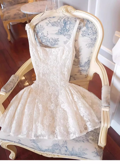 Cute A line Square Neck White Lace Mini Short Formal 8th Grade Homecoming Dresses Summer Middle School Hoco Dress Homecoming Outfits Birthday Dress DH641