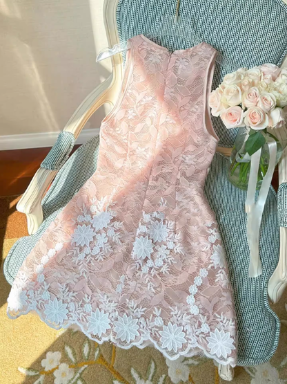 Pretty A line V Neck Lace Pink Short Formal 8th Grade Homecoming Dresses Summer Middle School Hoco Dress Homecoming Outfits DH644