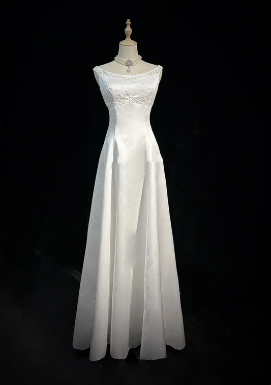 Classic Bridal Gown A line Jewel Neck Satin Long White Wedding Dresses Elegant Bridal Gowns DH649