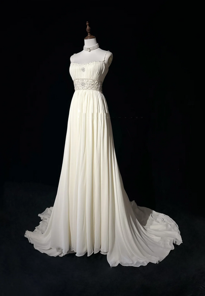 Vintage Bridal Gown 1960s A line Spaghetti Straps White Chiffon Long White Wedding Dresses Elegant Bridal Gowns DH652
