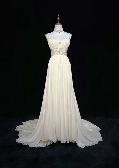 Vintage Bridal Gown 1960s A line Spaghetti Straps White Chiffon Long White Wedding Dresses Elegant Bridal Gowns DH652