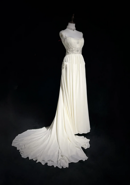 Vintage Bridal Gown 1960s A line Spaghetti Straps White Chiffon Long White Wedding Dresses Elegant Bridal Gowns DH652