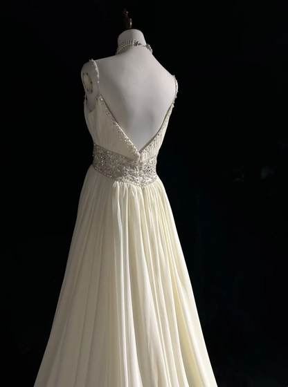 Vintage Bridal Gown 1960s A line Spaghetti Straps White Chiffon Long White Wedding Dresses Elegant Bridal Gowns DH652