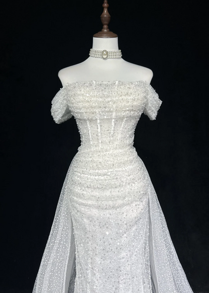 Vintage Bridal Gown 1960s Mermaid Off The Shoulder Sequin Long White Wedding Dresses Elegant Bridal Gowns DH656