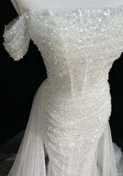 Vintage Bridal Gown 1960s Mermaid Off The Shoulder Sequin Long White Wedding Dresses Elegant Bridal Gowns DH656