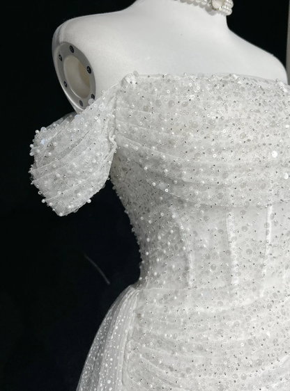 Vintage Bridal Gown 1960s Mermaid Off The Shoulder Sequin Long White Wedding Dresses Elegant Bridal Gowns DH656