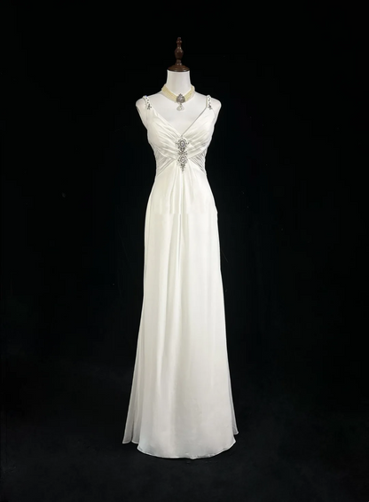 Modern A line Straps Silver Beads Chiffon Long White Backless Wedding Dresses Elegant Bridal Gowns DH657