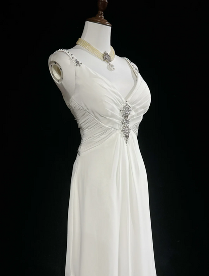 Modern A line Straps Silver Beads Chiffon Long White Backless Wedding Dresses Elegant Bridal Gowns DH657