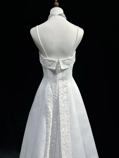 Vintage A line Spaghetti Straps White Satin Long 1940s 1950s Wedding Dresses Elegant Bridal Gowns DH659