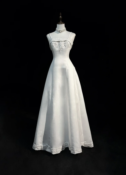 Vintage A line Spaghetti Straps White Satin Long 1940s 1950s Wedding Dresses Elegant Bridal Gowns DH659