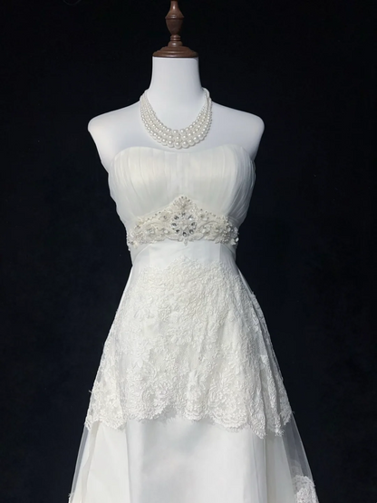 Vintage Bridal Gown 1960s A Line Strapless Tulle Lace Long White Wedding Dresses Elegant Bridal Gowns DH662