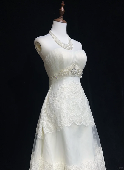 Vintage Bridal Gown 1960s A Line Strapless Tulle Lace Long White Wedding Dresses Elegant Bridal Gowns DH662