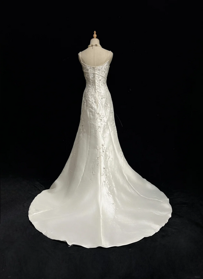 Vintage A line Spaghetti Straps White Satin Long 1940s 1950s Wedding Dresses Elegant Bridal Gowns DH664