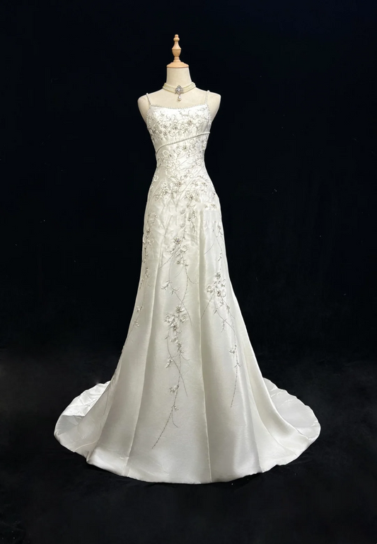 Vintage A line Spaghetti Straps White Satin Long 1940s 1950s Wedding Dresses Elegant Bridal Gowns DH664