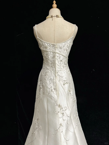 Vintage A line Spaghetti Straps White Satin Long 1940s 1950s Wedding Dresses Elegant Bridal Gowns DH664