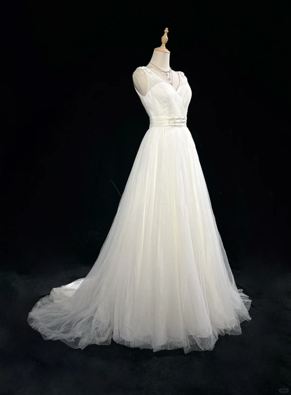 Vintage Bridal Gown 1960s Ball Gown V Neck Tulle Long White Wedding Dresses Elegant Bridal Gowns DH665