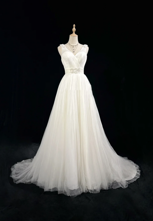 Vintage Bridal Gown 1960s Ball Gown V Neck Tulle Long White Wedding Dresses Elegant Bridal Gowns DH665