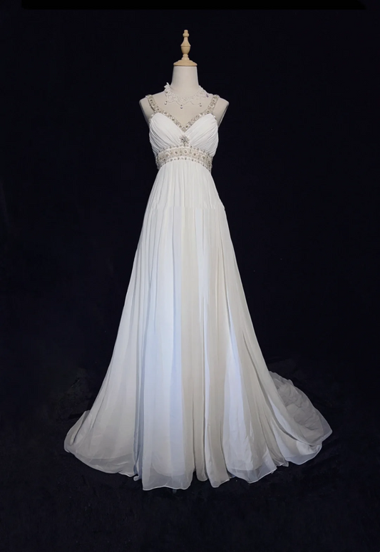 Vintage Bridal Gown 1960s A Line V Neck Chiffon Long White Wedding Dresses Elegant Bridal Gowns DH667