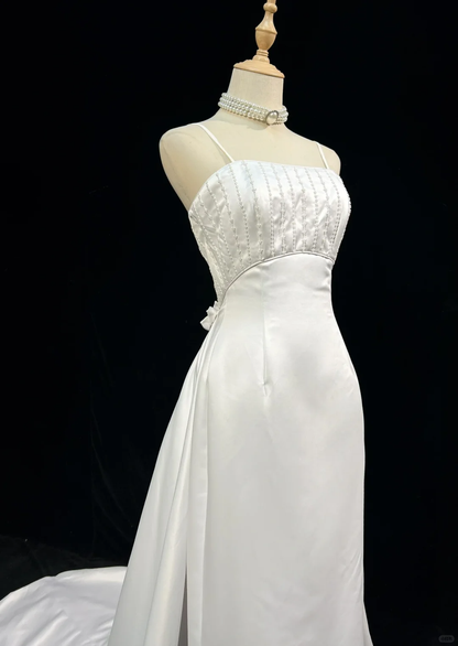 Vintage Bridal Gown 1960s Sheath Spaghetti Straps Satin White Long Summer Autumn Wedding Dresses Elegant Bridal Gowns DH671