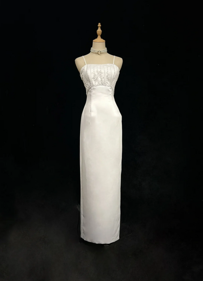 Vintage Bridal Gown 1960s Sheath Spaghetti Straps Satin White Long Summer Autumn Wedding Dresses Elegant Bridal Gowns DH671