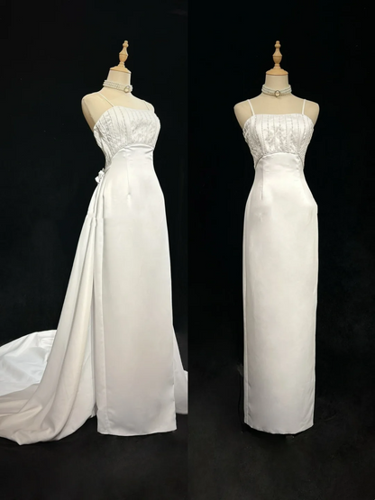 Vintage Bridal Gown 1960s Sheath Spaghetti Straps Satin White Long Summer Autumn Wedding Dresses Elegant Bridal Gowns DH671