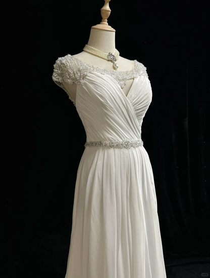 Vintage A line Scoop White Chiffon Long 1940s 1950s Wedding Dresses Elegant Bridal Gowns DH672