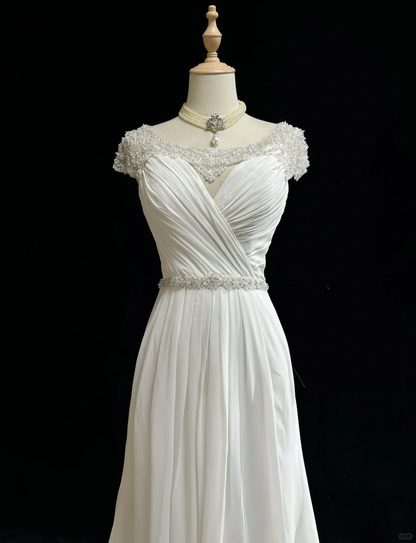 Vintage A line Scoop White Chiffon Long 1940s 1950s Wedding Dresses Elegant Bridal Gowns DH672