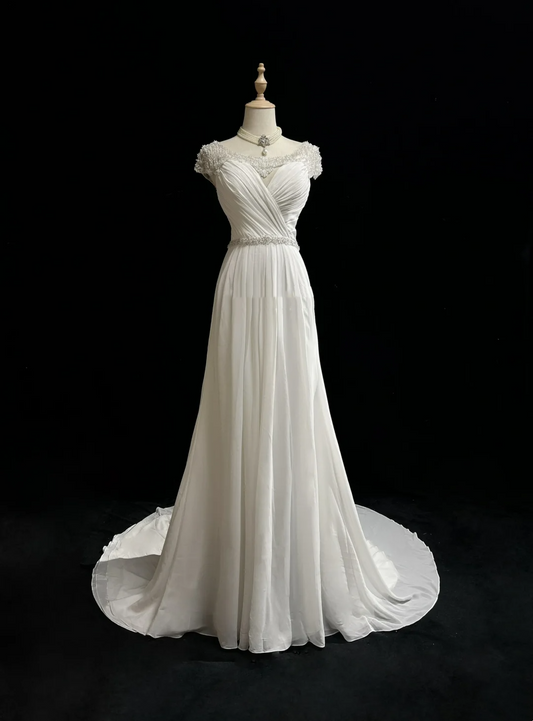 Vintage A line Scoop White Chiffon Long 1940s 1950s Wedding Dresses Elegant Bridal Gowns DH672