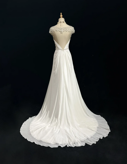 Vintage A line Scoop White Chiffon Long 1940s 1950s Wedding Dresses Elegant Bridal Gowns DH672