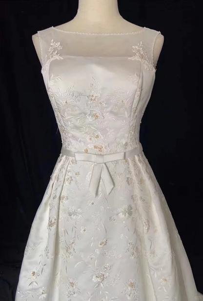 Vintage A line Bateau White Satin Long 1940s 1950s Wedding Dresses Elegant Bridal Gowns DH674