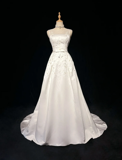Vintage A line Bateau White Satin Long 1940s 1950s Wedding Dresses Elegant Bridal Gowns DH674