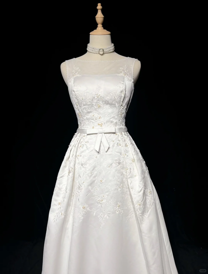 Vintage A line Bateau White Satin Long 1940s 1950s Wedding Dresses Elegant Bridal Gowns DH674