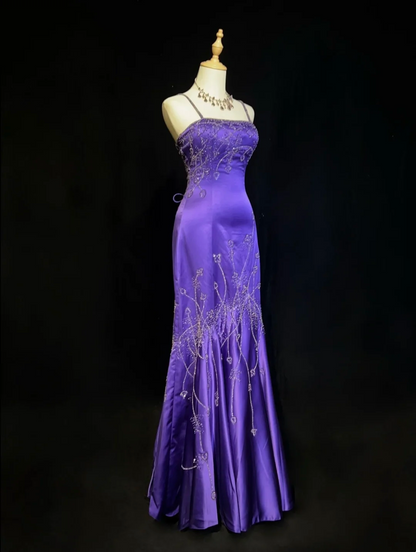 Elegant Mermaid Spaghetti Straps Grape Satin Backless Prom Dresses Party Dress Summer 20th Birthday Outfits 18th Birthday Dresses DH675