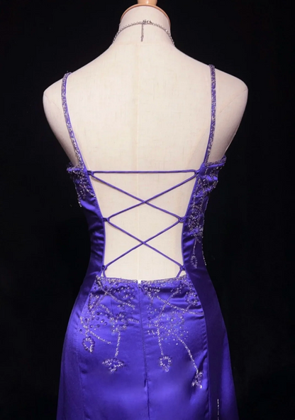 Elegant Mermaid Spaghetti Straps Grape Satin Backless Prom Dresses Party Dress Summer 20th Birthday Outfits 18th Birthday Dresses DH675