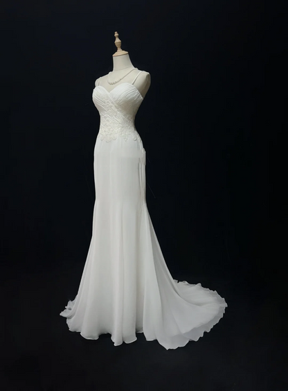Vintage Mermaid Spaghetti Straps White Chiffon Appliques Long 1940s 1950s Wedding Dresses Elegant Bridal Gowns DH676