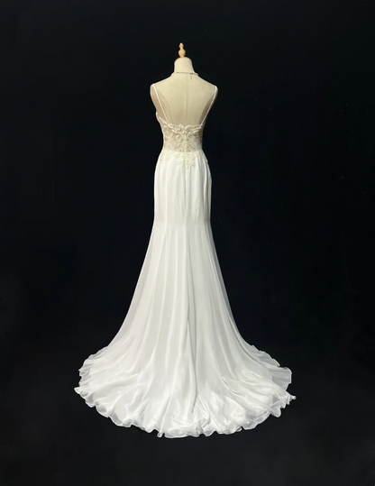 Vintage Mermaid Spaghetti Straps White Chiffon Appliques Long 1940s 1950s Wedding Dresses Elegant Bridal Gowns DH676