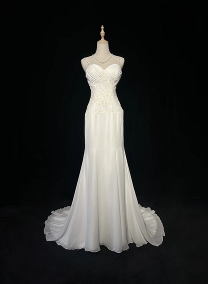 Vintage Mermaid Spaghetti Straps White Chiffon Appliques Long 1940s 1950s Wedding Dresses Elegant Bridal Gowns DH676