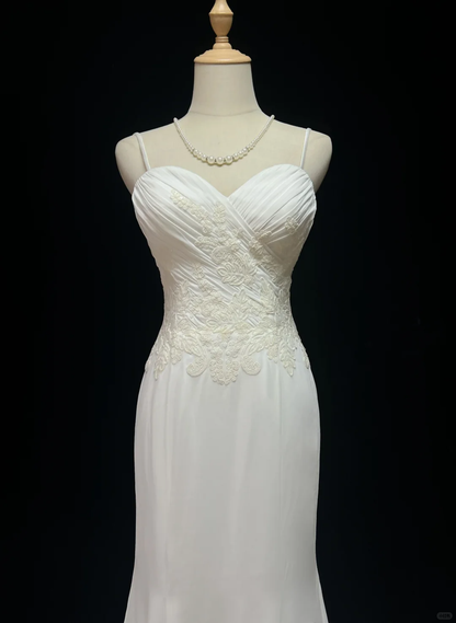 Vintage Mermaid Spaghetti Straps White Chiffon Appliques Long 1940s 1950s Wedding Dresses Elegant Bridal Gowns DH676