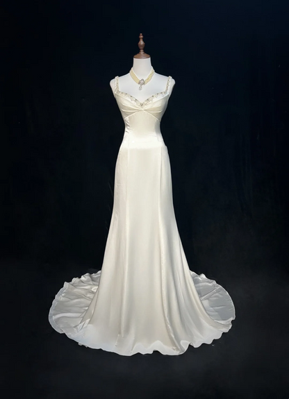 Vintage Mermaid Spaghetti Straps White Satin Beads Long 1940s 1950s Wedding Dresses Elegant Bridal Gowns DH677