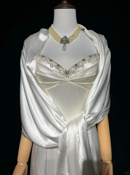 Vintage Mermaid Spaghetti Straps White Satin Beads Long 1940s 1950s Wedding Dresses Elegant Bridal Gowns DH677